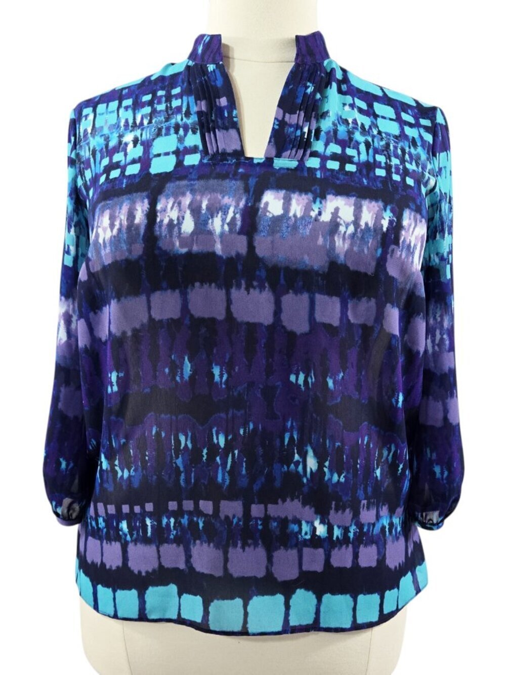 Coldwater Creek Purple Aqua Sheer Abstract Split Neck Blouse Art to Wear Beachy
